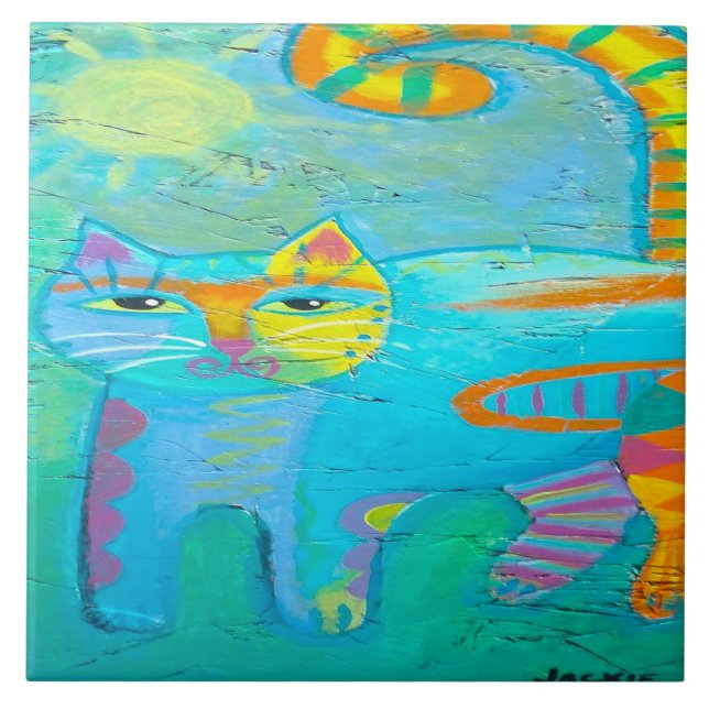 Psychedelisch Kitty Abstrakt Cat Painting Fliese (Vorderseite)