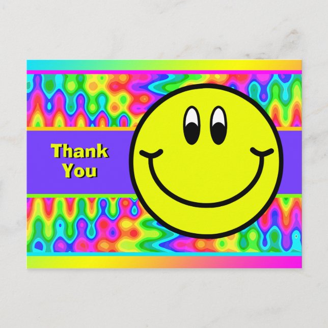 Psychedelisch lächelnd Gesicht Emoji Danke Postcar Postkarte (Vorderseite)