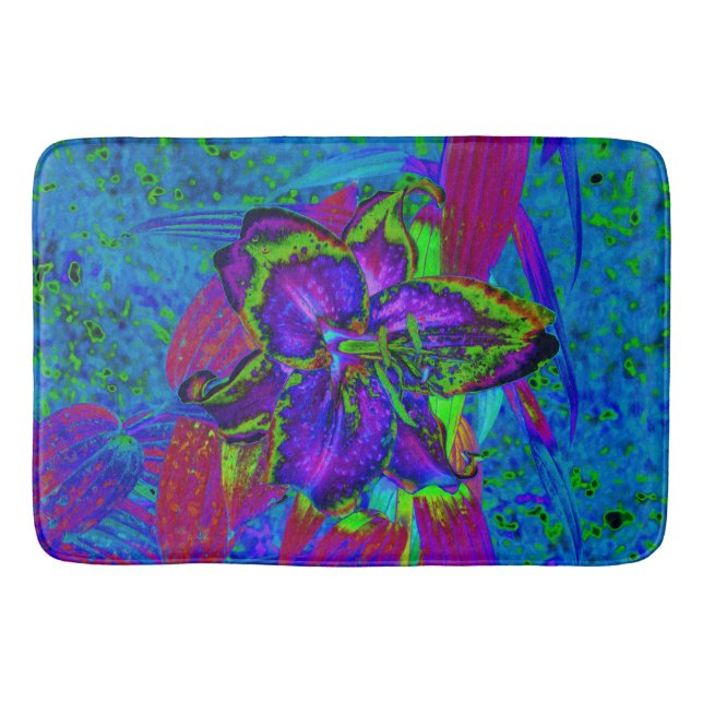 Psychedelisch Lila und Limettengrüne Lily-Blume Badematte (Vorderseite)