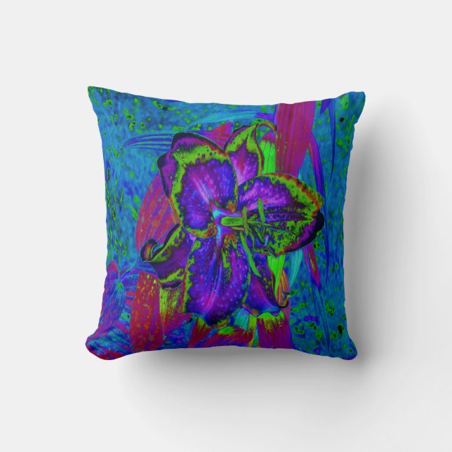 Psychedelisch Lila und Limettengrüne Lily-Blume Kissen (Vorderseite)