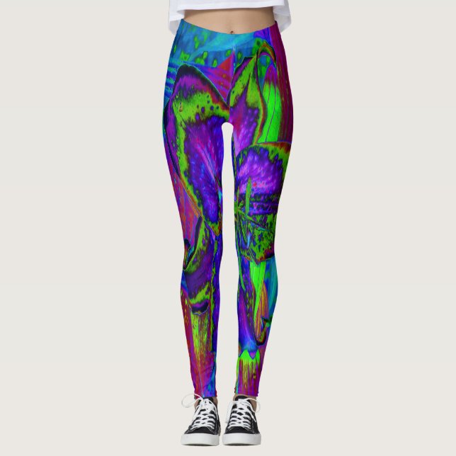 Psychedelisch Lila und Limettengrüne Lily-Blume Leggings (Vorderseite)
