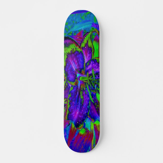 Psychedelisch Lila und Limettengrüne Lily-Blume Skateboard (Vorne)
