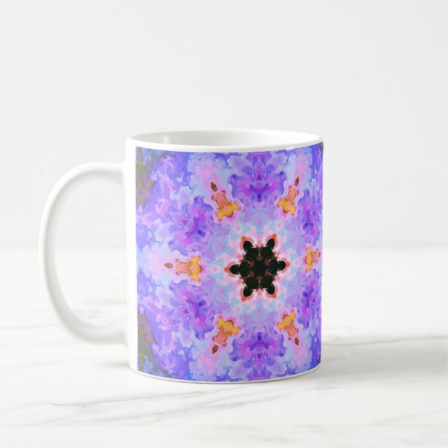 Psychedelisch Mandala Blume Blau Rosa und Gelb Kaffeetasse (Links)