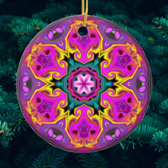 Psychedelisch Mandala Blume Blau Rosa und Gelb Keramik Ornament (Von Creator hochgeladen)