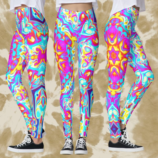 Psychedelisch Mandala Blume Blau Rosa und Gelb Leggings (Von Creator hochgeladen)