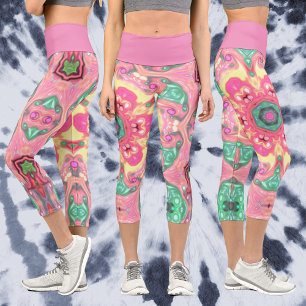 Psychedelisch Mandala Blume Grün Rosa und Gelb Capri Leggings
