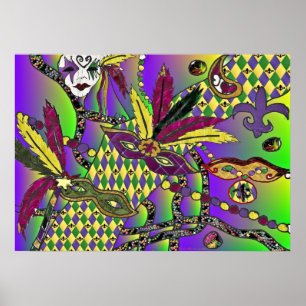 Psychedelisch Mardi Gras Feather Masken Print Post Poster