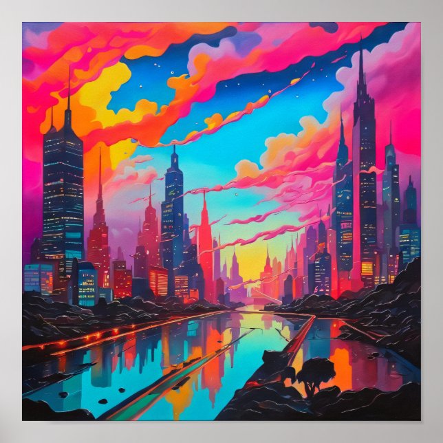 Psychedelisch Pink Blue City Landschaft Poster (Vorne)