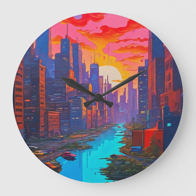 Psychedelisch Pink Cityscape mit Fluss Große Wanduhr (Vorderseite)