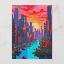 Psychedelisch Pink Cityscape mit Fluss Postkarte