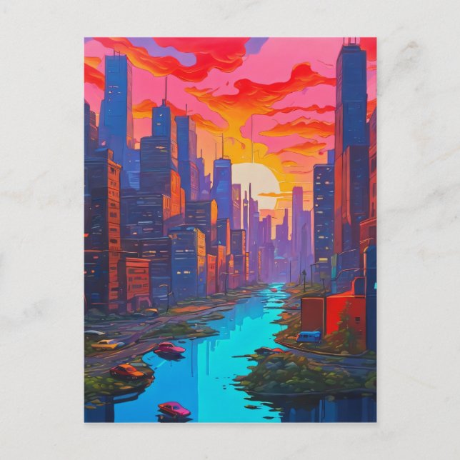Psychedelisch Pink Cityscape mit Fluss Postkarte (Vorderseite)