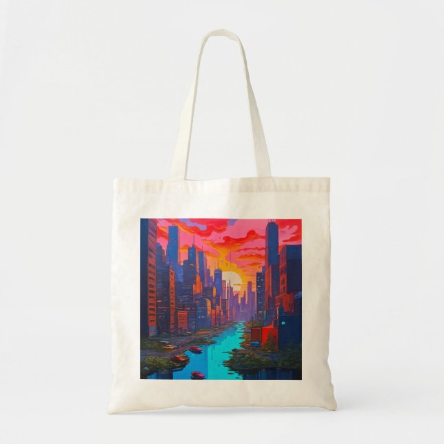 Psychedelisch Pink Cityscape mit Fluss Tragetasche (Vorne)