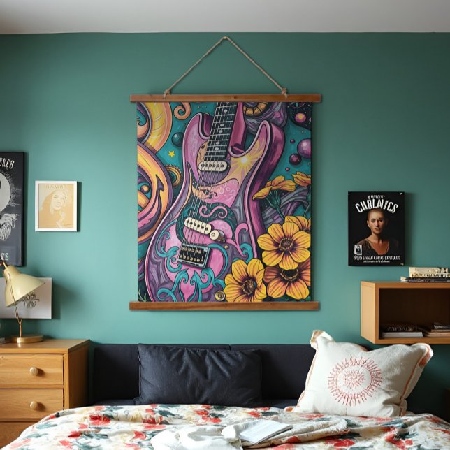 Psychedelisch Pink Gitarre Gelbe Blumen Aquamarin  Wandteppich Mit Holzrahmen (Groovy pink guitar tapestry with yellow flowers and psychedelic teal sky. Dreamy retro 60's vibes.)