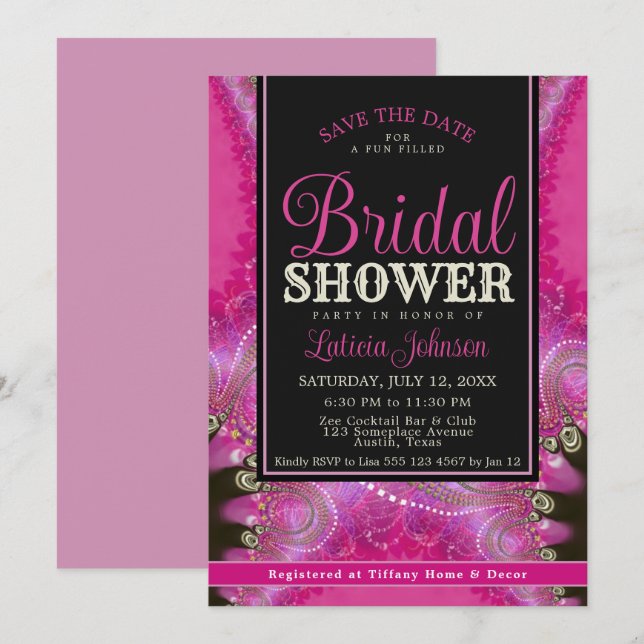 Psychedelisch Pink Swirl Fraktal Spitzen Brautpart Einladung (Vorne/Hinten)