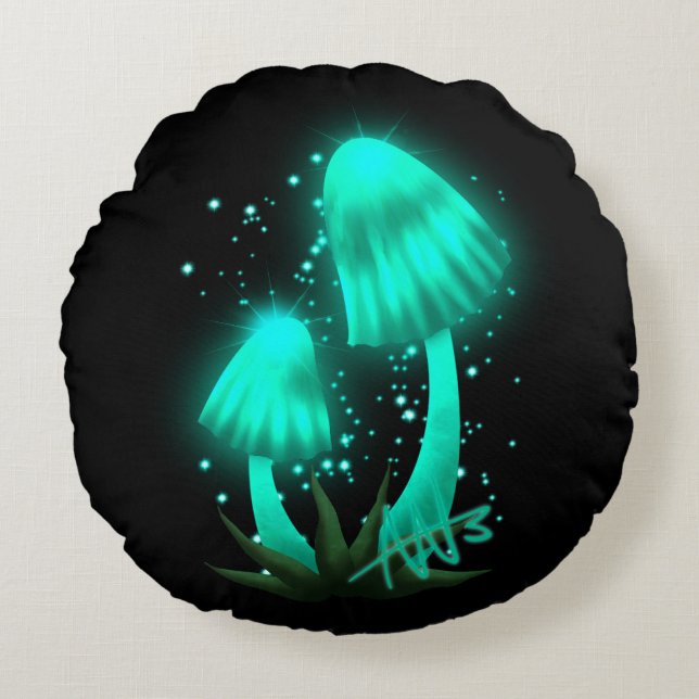 Psychedelisch Pixie Cap Glows Cyan Mushroom Rundes Kissen (Vorderseite)