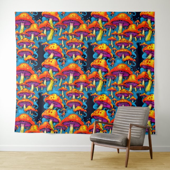Psychedelisch Retro Trippy Mushrooms Wandteppich (Beispiel (Horizontal))