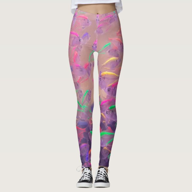 Psychedelisch rosa Lila-gelber Neonfisch Leggings (Vorderseite)