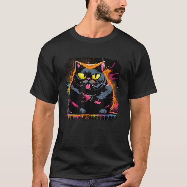 Psychedelisch Trippy Black Light Poster Cat Illust T-Shirt (Vorderseite)