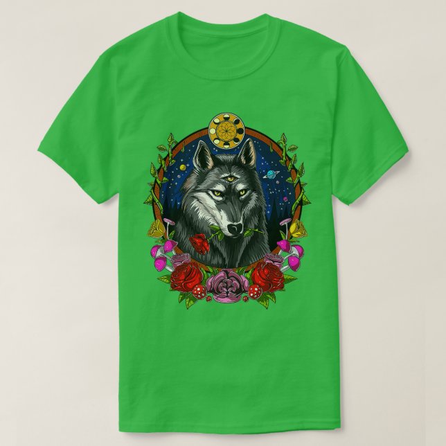 Psychedelisch Wolf Forest Animal Moon Phases Fanta T-Shirt (Design vorne)