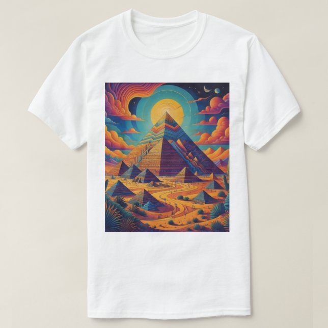 Psychedelische Ägyptische Pyramide Landschaftskuns T-Shirt (Design vorne)
