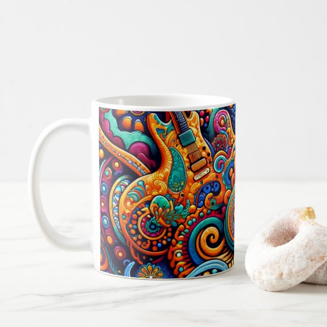 Psychedelische Batik-Gitarrenkunst – Farbige Retro Kaffeetasse (Mit Donut)