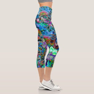 Psychedelische Blume Lila und Kalkgrün Capri Leggings