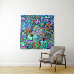Psychedelische Blume Lila und Kalkgrün Wandteppich