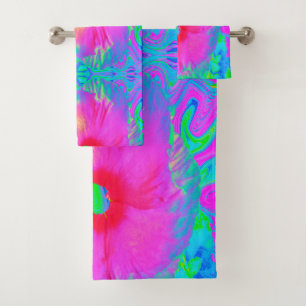 Psychedelische Blume Rosa und Roter Hibiskus Badhandtuch Set