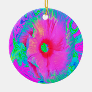 Psychedelische Blume Rosa und Roter Hibiskus Keramik Ornament