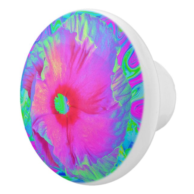 Psychedelische Blume Rosa und Roter Hibiskus Keramikknauf (Rechts)