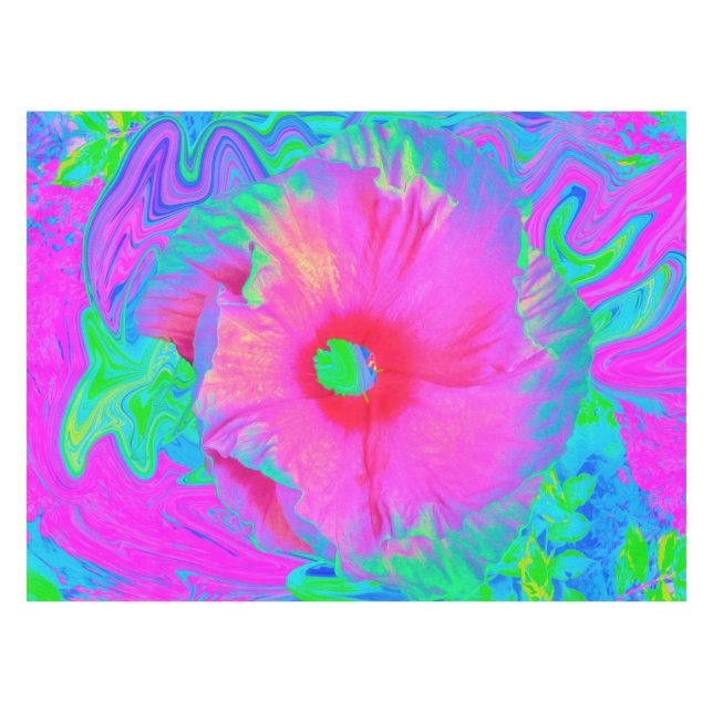 Psychedelische Blume Rosa und Roter Hibiskus Tischdecke (Vorderseite (Horizontal))