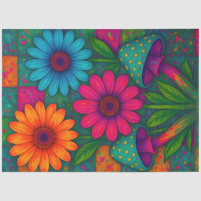 Psychedelische Blumen & Pilze Decoupage Seidenpapier (Vorderseite)