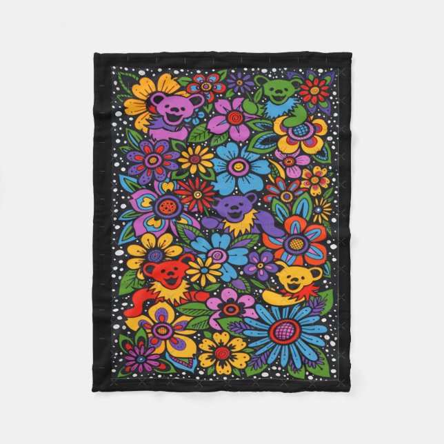 Psychedelische Blumen Tanzende Bären Farbige Dankb Fleecedecke (Vorderseite)