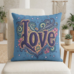 Psychedelische Boho-Liebesbeschriftung mit Blumeno Kissen