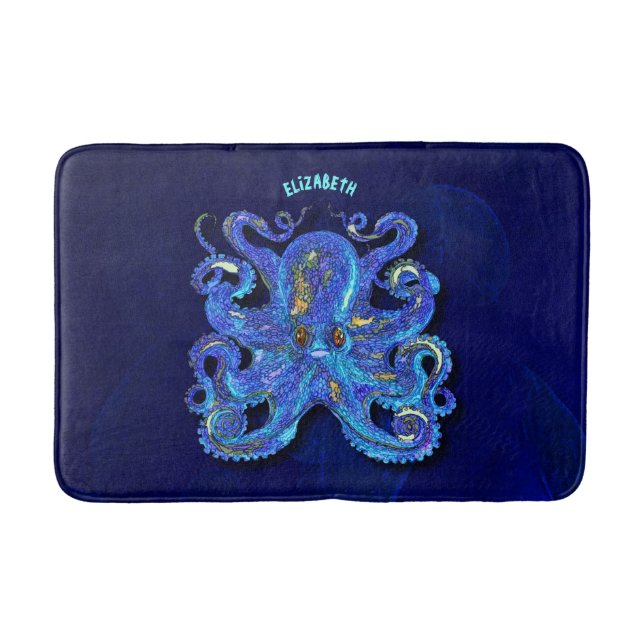 Psychedelische bunte blaue Krake mit Brown-Augen Badematte (Vorderseite)