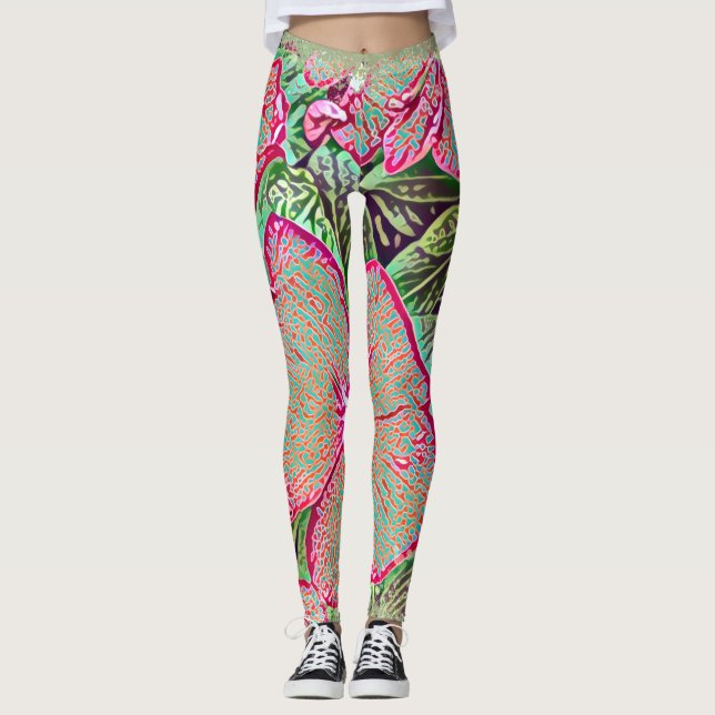 Psychedelische Caladium-Blatt-Botanik-Print-Leggin Leggings (Vorderseite)