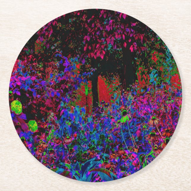 Psychedelische Crimson Red and Black Garden Sunris Runder Pappuntersetzer (Vorderseite)