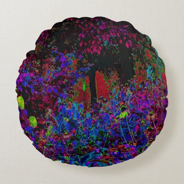 Psychedelische Crimson Red and Black Garden Sunris Rundes Kissen (Vorderseite)