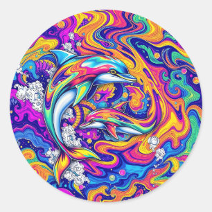Psychedelische Delphine in Wirbel des Vividen Ozea Runder Aufkleber