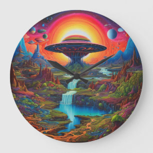 Psychedelische Dreamscape-Alien Große Wanduhr