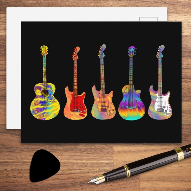 Psychedelische elektrische akustische Gitarren Postkarte (Colorful psychedelic guitars on black postcard)