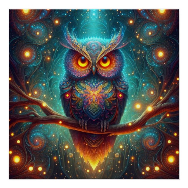 Psychedelische Eule in einem Kosmischen Wald Poster (Vorderseite)