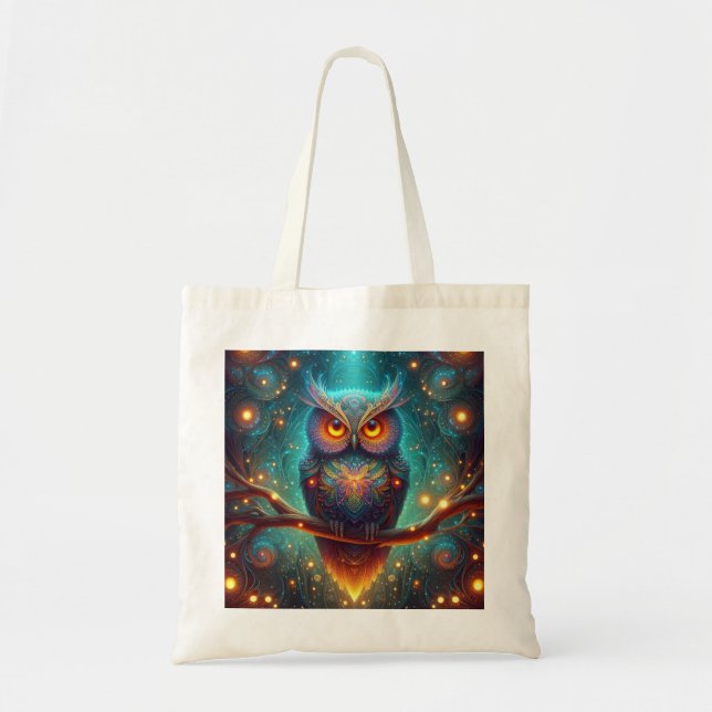 Psychedelische Eule in einem Kosmischen Wald Tragetasche (Vorne)