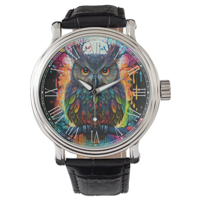 Psychedelische Fantasie Hippy Owl Armbanduhr (Vorderseite)
