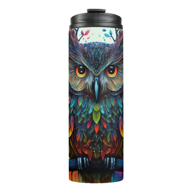 Psychedelische Fantasie Hippy Owl Thermosbecher (Vorderseite)