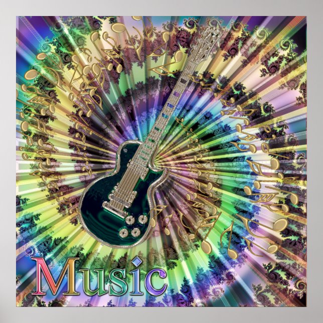 Psychedelische Gitarre Swirling Notes Rainbow Musi Poster (Vorne)