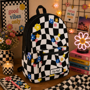 Psychedelische Groovy-Daisy-Karo, Y2K 90er Bedruckter Rucksack