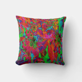 Psychedelische Groovy Rot und Grüne Wildblumen Kissen