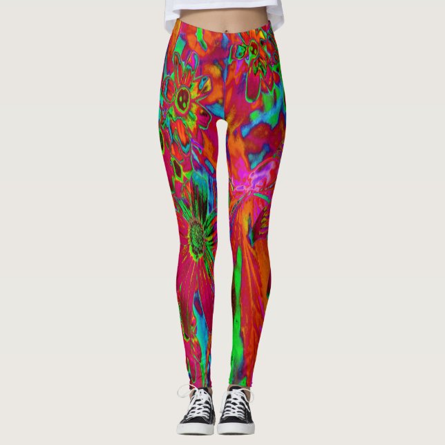 Psychedelische Groovy Rot und Grüne Wildblumen Leggings (Vorderseite)