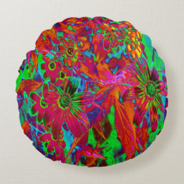 Psychedelische Groovy Rot und Grüne Wildblumen Rundes Kissen